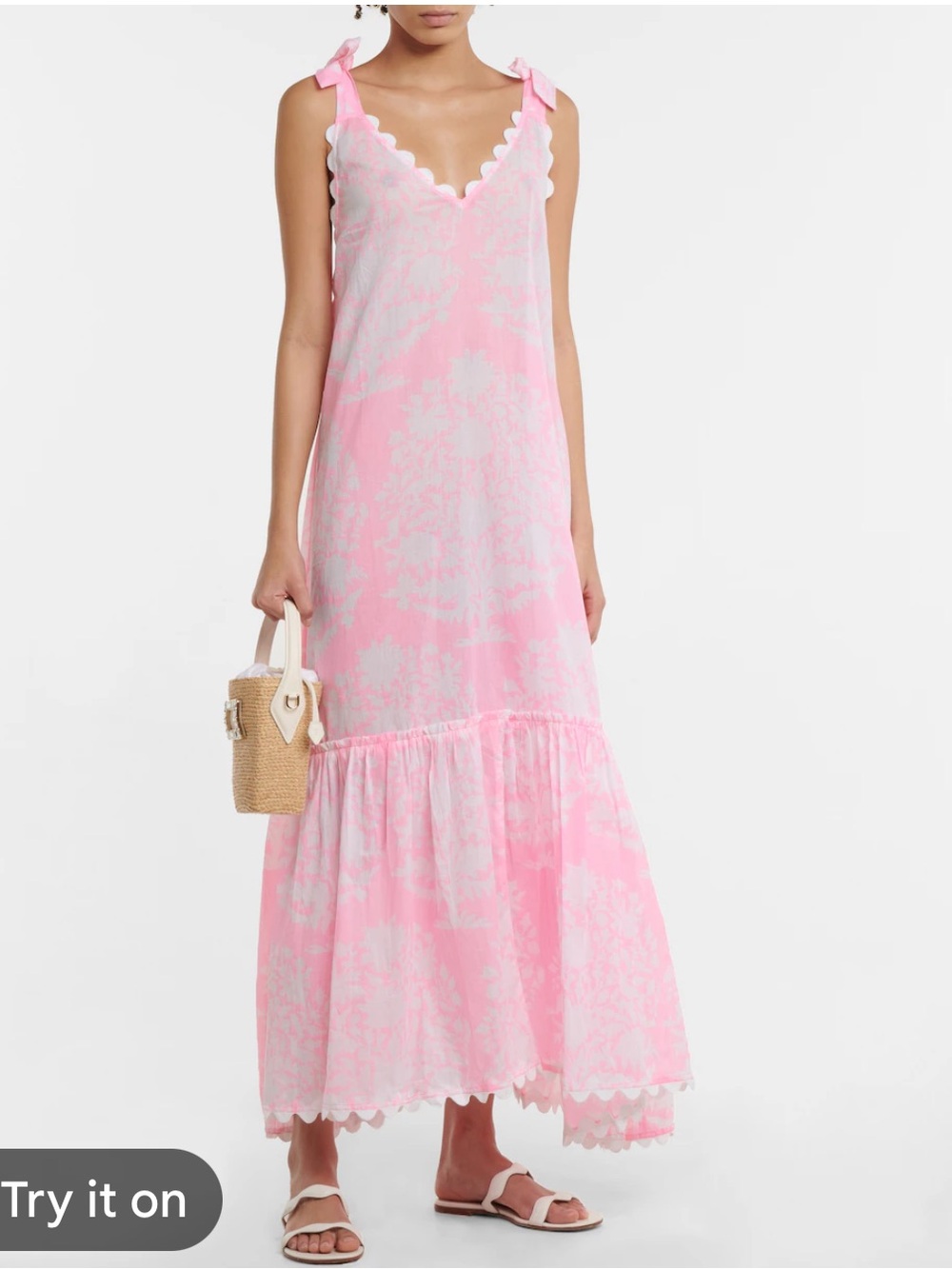Juliet Dunn Pink and White Floral Lace-Trim Midi Dress one size v neck